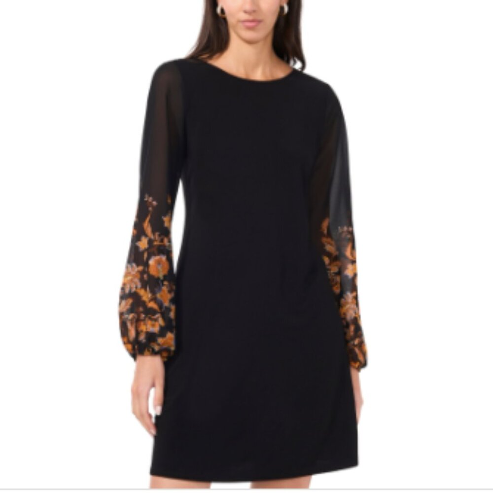 Msk Petite Round-Neck Contrast-Long-Sleeve Shift - Black 001 - Picture 2 of 4